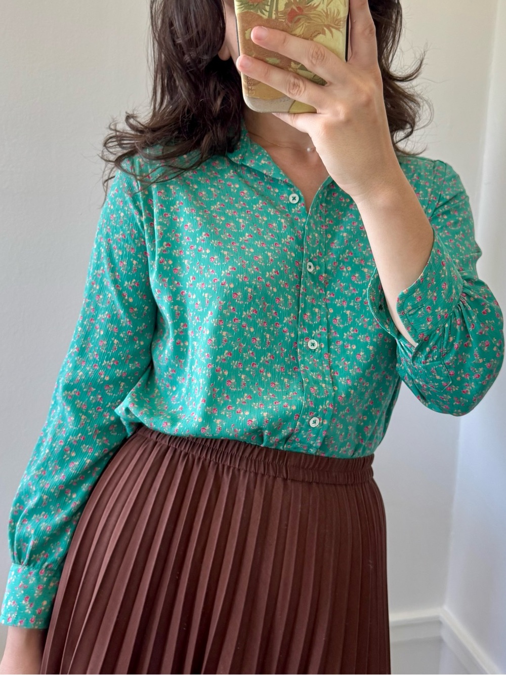 Evan Picone Vintage Teal Green Ditsy Floral Button-Down Blouse